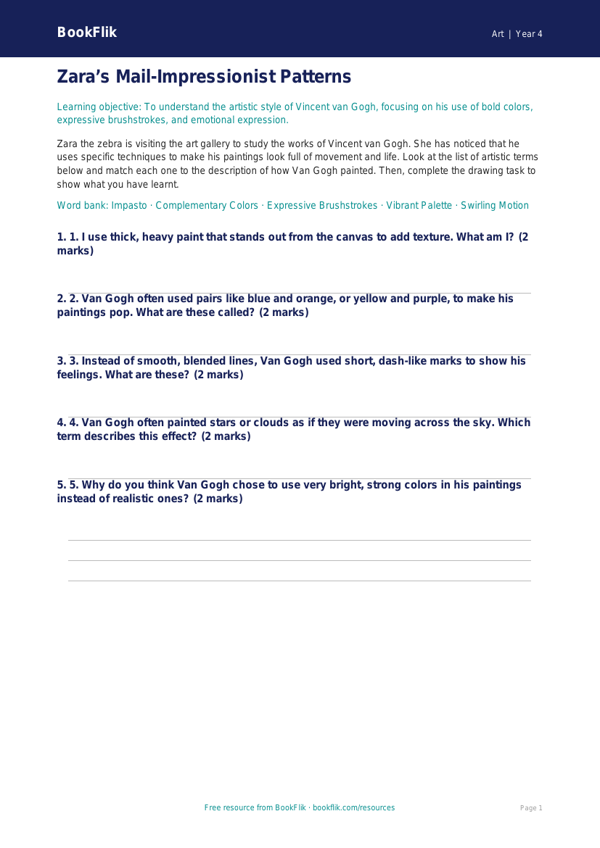 Free Van Gogh Activity Sheet | Grade 3 | Art | BookFlik worksheet preview — Art Van Gogh