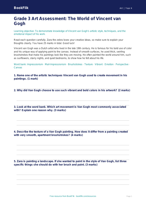 Free Van Gogh Assessment | Grade 3 | Art | BookFlik worksheet preview — Art Van Gogh