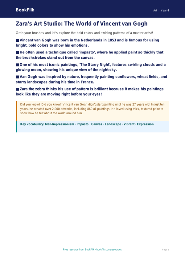 Art van gogh poster grade 3 core worksheet preview — Art Van Gogh