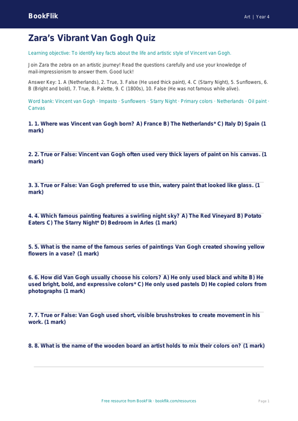 Free Van Gogh Quiz | Grade 3 | Art | BookFlik worksheet preview — Art Van Gogh