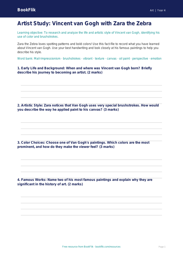 Free Van Gogh Template | Grade 3 | Art | BookFlik worksheet preview — Art Van Gogh