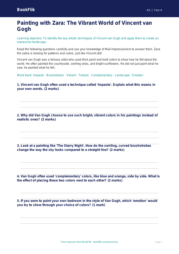 Free Van Gogh Art Worksheet for Grade 3 | BookFlik worksheet preview — Art Van Gogh