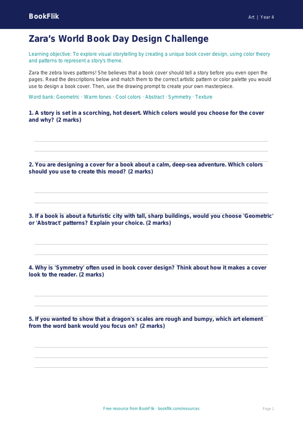 Free World Book Day Art Activity Sheet | Grade 3 | Art | BookFlik worksheet preview — Art World Book Day Art