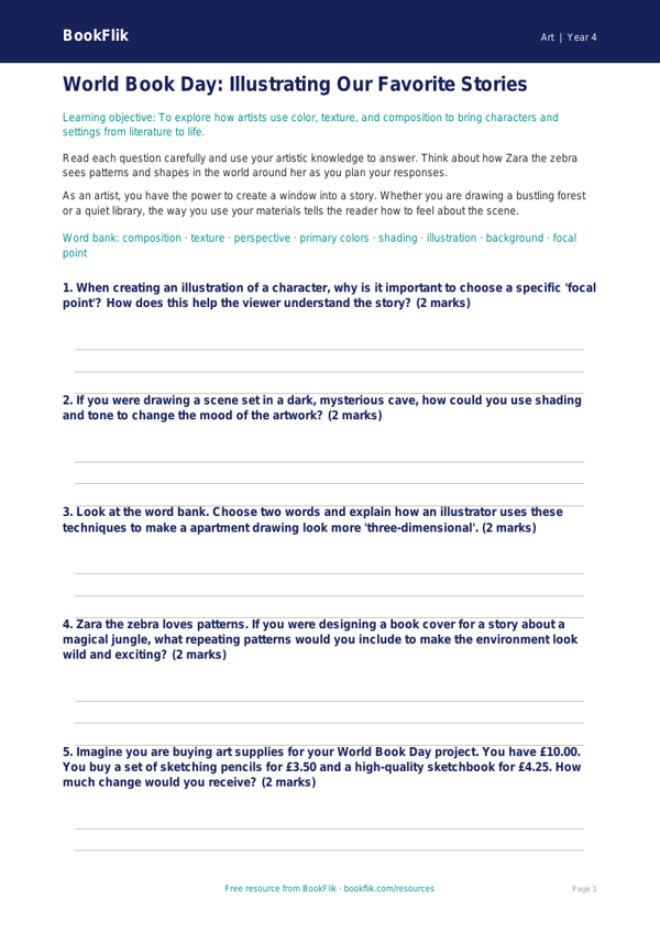 Free World Book Day Art Worksheet | Grade 3 | Art | BookFlik worksheet preview — Art World Book Day Art