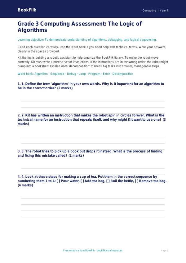 Free Algorithms Assessment for Grade 3 Computing | BookFlik worksheet preview — Computing Algorithms