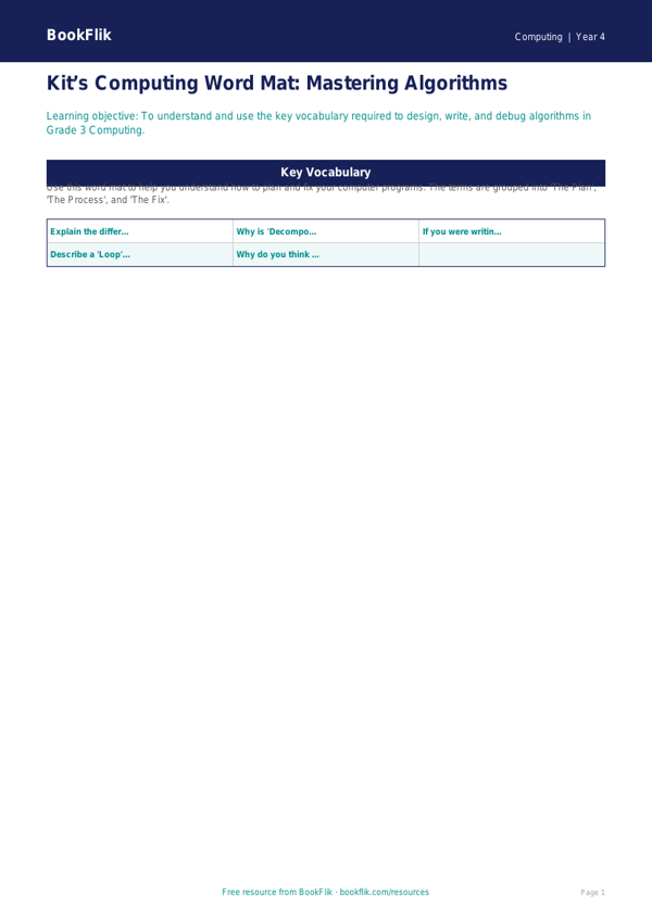 Free Algorithms Word Mat | Grade 3 | Computing | BookFlik worksheet preview — Computing Algorithms