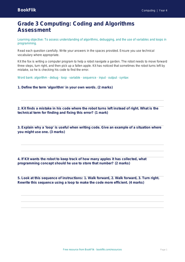 Free Coding Assessment for Grade 3 | BookFlik Computing Lessons worksheet preview — Computing Coding