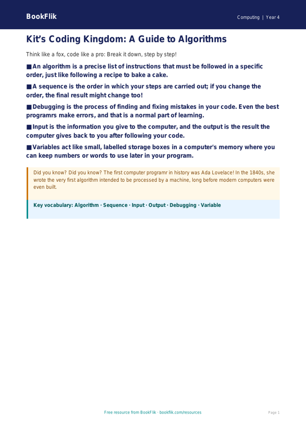Free Coding Poster for Grade 3 Students | BookFlik worksheet preview — Computing Coding