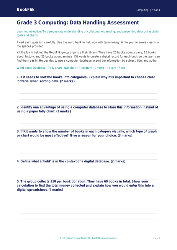 Free Data Handling Assessment | Grade 3 | Computing | BookFlik worksheet preview — Computing Data Handling