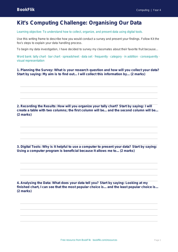 Free Data Handling Writing Frame | Grade 3 | Computing | BookFlik worksheet preview — Computing Data Handling