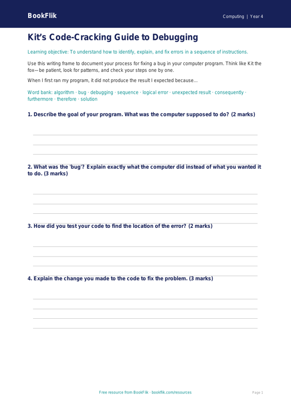 Computing debugging writing frame grade 3 core worksheet preview — Computing Debugging