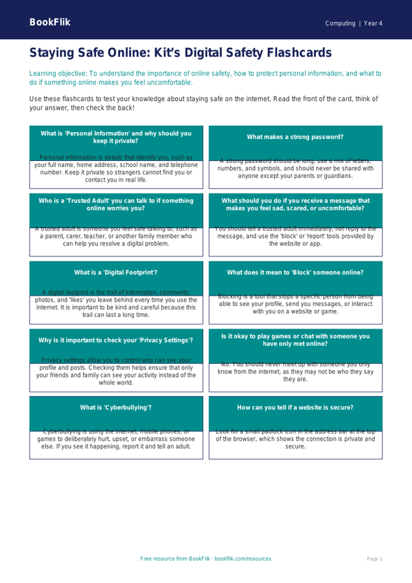 Free E Safety Flashcards for Grade 3 | BookFlik | Computing Lessons worksheet preview — Computing E Safety