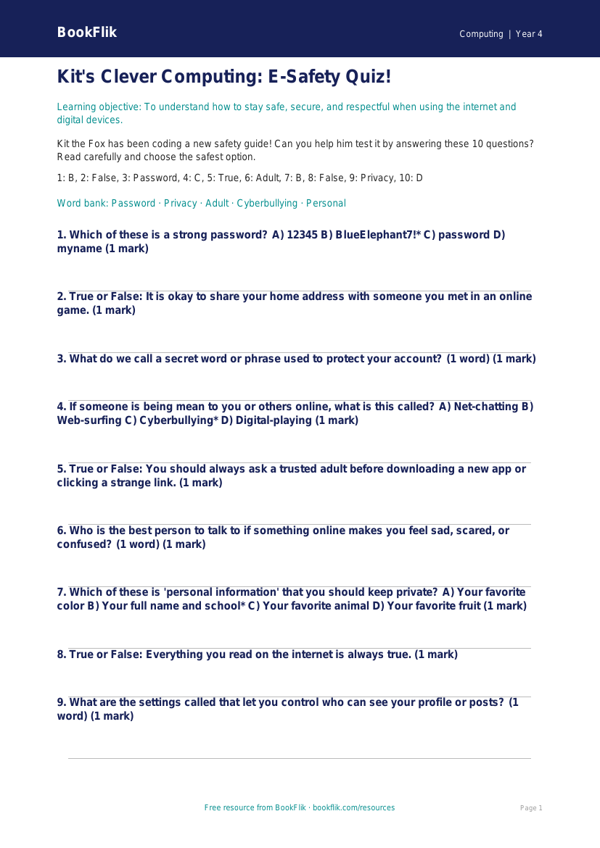 Free E Safety Quiz for Grade 3 Students | BookFlik Computing worksheet preview — Computing E Safety