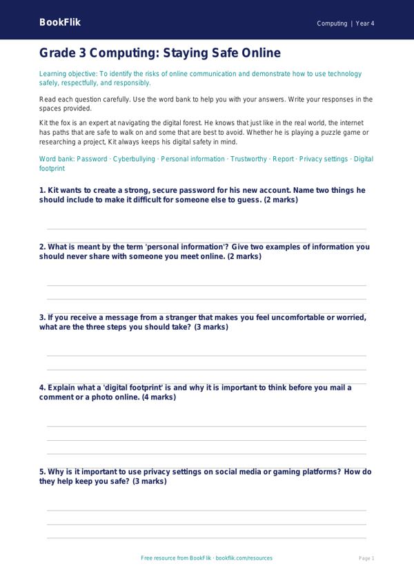 Free Internet Safety Guide for Kids | Grade 3 | BookFlik worksheet preview — Computing Internet Safety