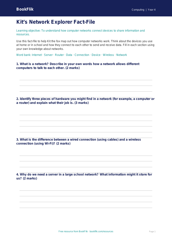 Free Grade 3 Networks Template | Computing | BookFlik worksheet preview — Computing Networks