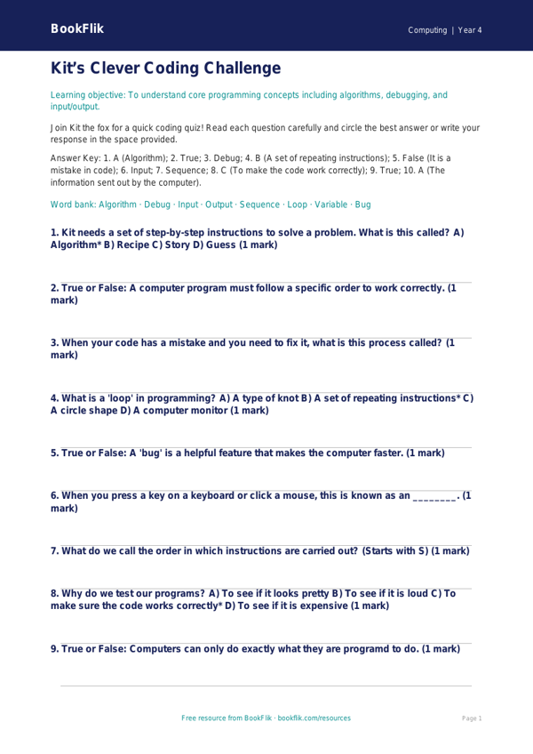 Free Programming Quiz for Grade 3 Students | BookFlik worksheet preview — Computing Programming