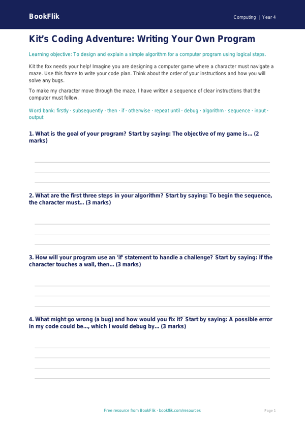 Free Programming Writing Frame | Grade 3 | Computing | BookFlik worksheet preview — Computing Programming