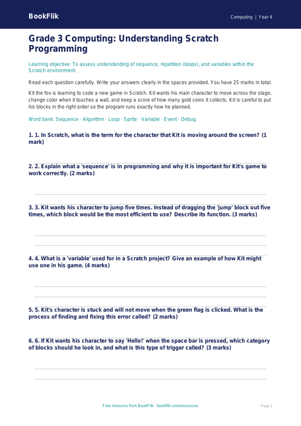 Free Scratch Assessment for Grade 3 Computing | BookFlik worksheet preview — Computing Scratch