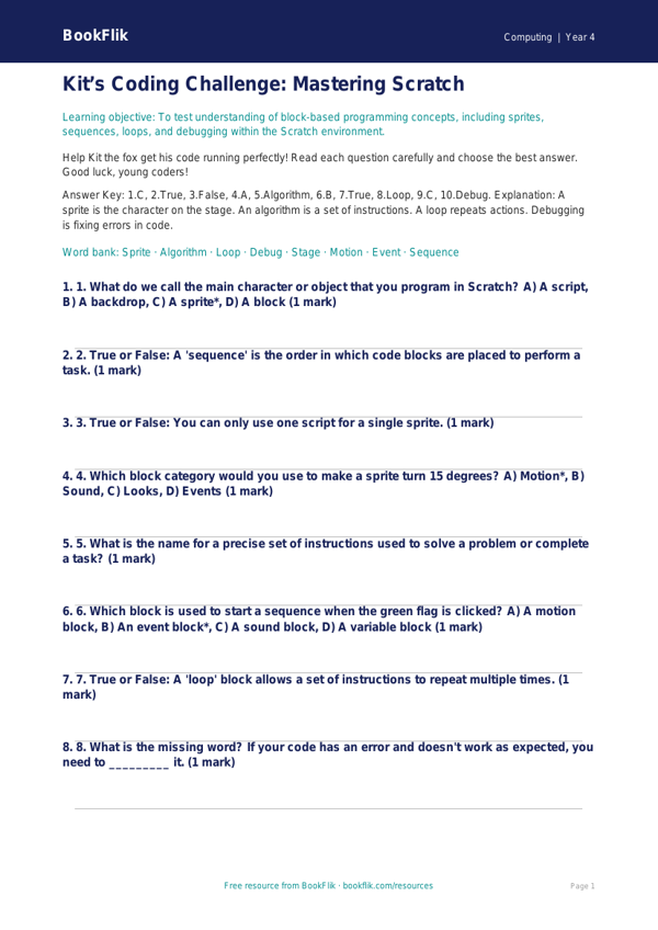 Free Scratch Quiz for Grade 3 Students | BookFlik worksheet preview — Computing Scratch