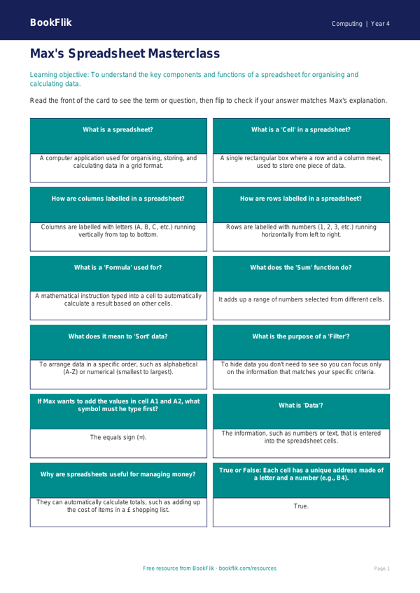 Free Spreadsheets Flashcards for Grade 3 Computing | BookFlik worksheet preview — Computing Spreadsheets