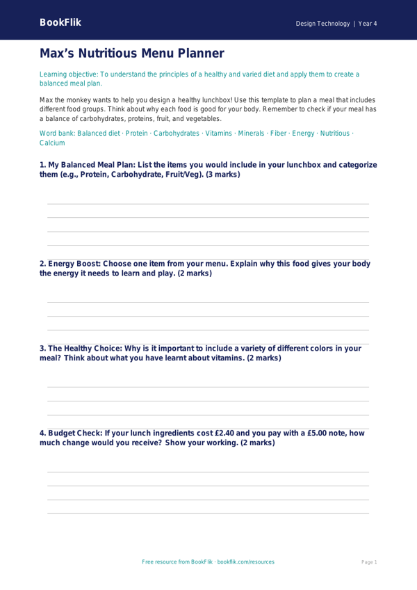 Cooking Nutrition Template for Grade 3 | Free Download | BookFlik worksheet preview — Design-Technology Cooking Nutrition
