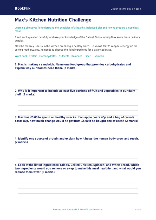 Free Cooking Nutrition Worksheet for Grade 3 | Design Technology | BookFlik worksheet preview — Design-Technology Cooking Nutrition