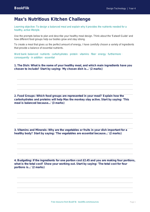 Free Cooking Nutrition Writing Frame for Grade 3 Design Technology | BookFlik worksheet preview — Design-Technology Cooking Nutrition
