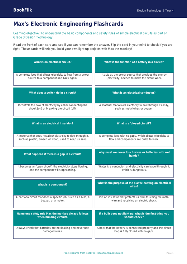 Free Electronics Flashcards for Grade 3 Students | BookFlik worksheet preview — Design-Technology Electronics