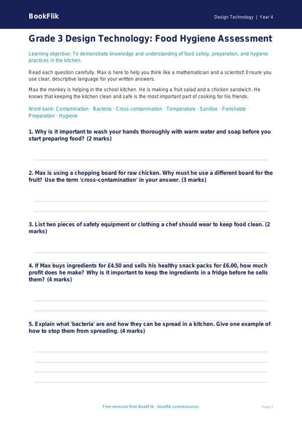 Design Technology food hygiene assessment grade 3 core worksheet preview — Design-Technology Food Hygiene