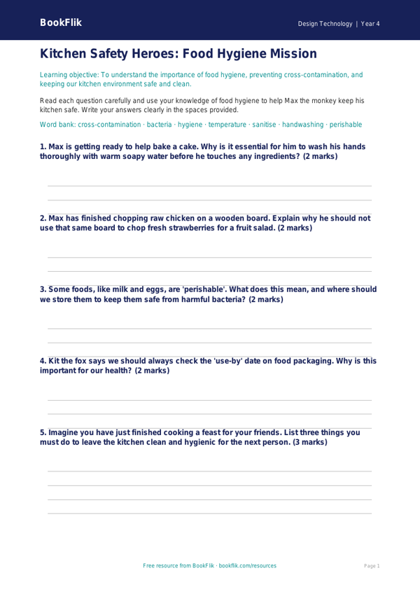 Free Food Hygiene Worksheet for Grade 3 | Design Technology | BookFlik worksheet preview — Design-Technology Food Hygiene
