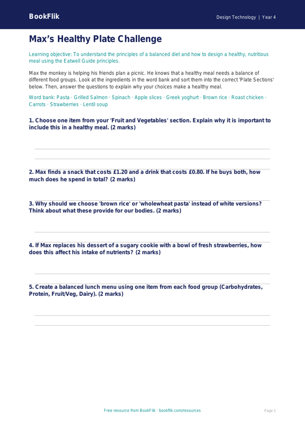 Design Technology healthy meals activity sheet grade 3 core worksheet preview — Design-Technology Healthy Meals
