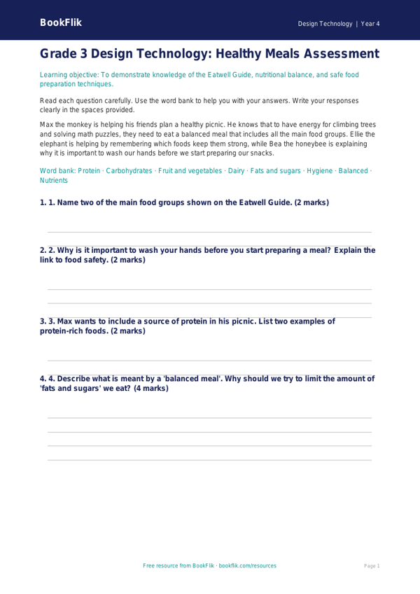 Design Technology healthy meals assessment grade 3 core worksheet preview — Design-Technology Healthy Meals
