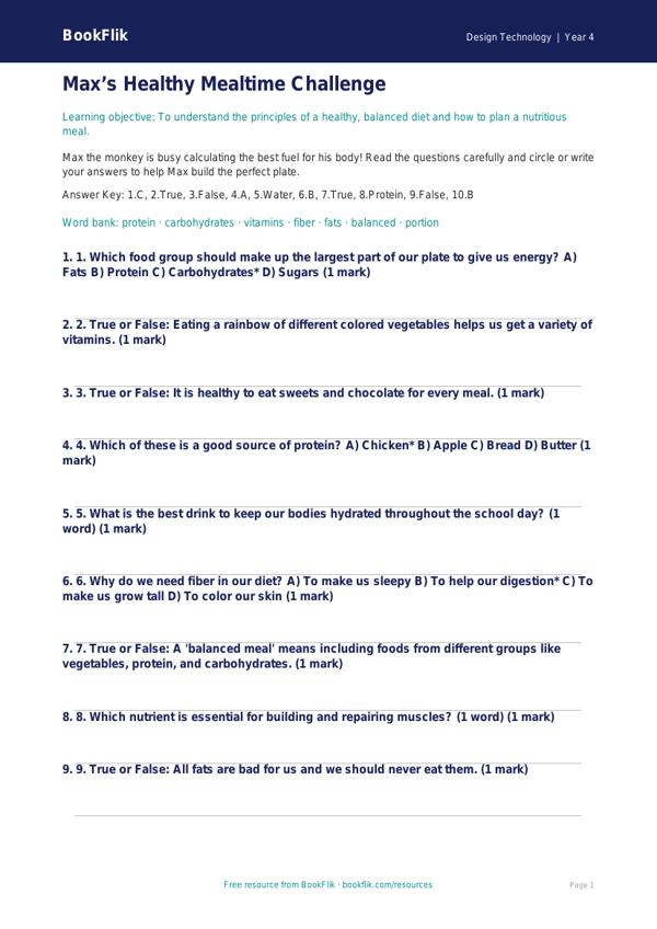 Free Healthy Meals Quiz | Grade 3 | Design Technology | BookFlik worksheet preview — Design-Technology Healthy Meals