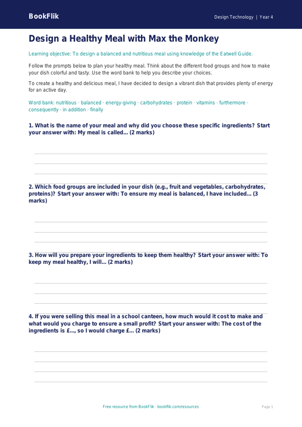 Healthy Meals Writing Frame | Grade 3 Design Technology | BookFlik worksheet preview — Design-Technology Healthy Meals