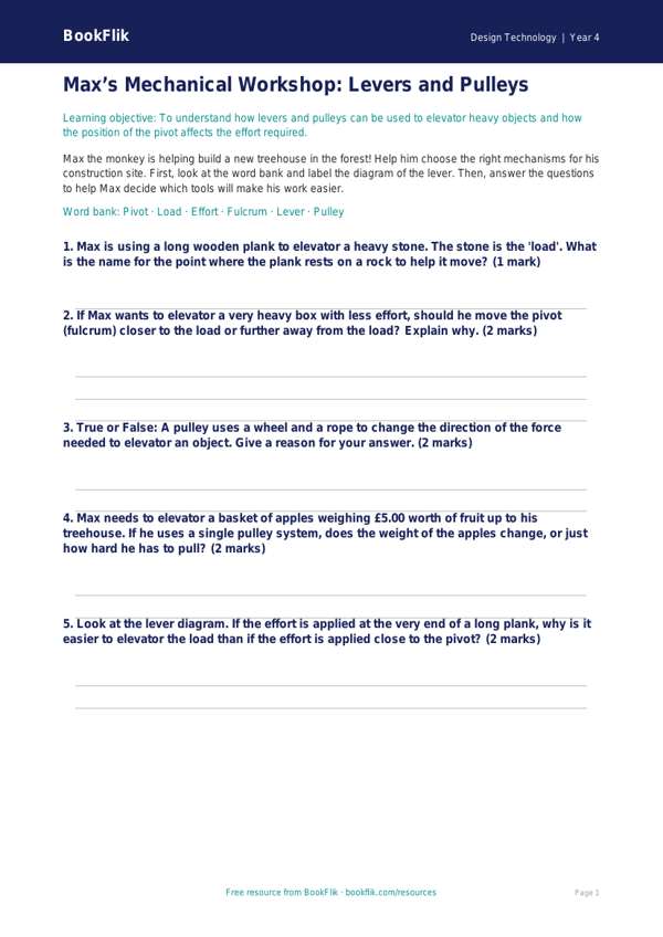 Free Levers And Pulleys Activity Sheet | Grade 3 | Design Technology | BookFlik worksheet preview — Design-Technology Levers And Pulleys