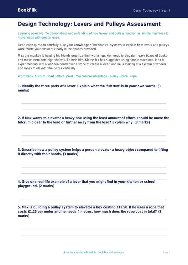 Free Levers And Pulleys Assessment | Grade 3 | Design Technology | BookFlik worksheet preview — Design-Technology Levers And Pulleys
