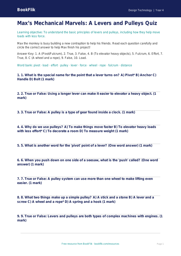 Free Levers And Pulleys Quiz | Grade 3 | Design Technology | BookFlik worksheet preview — Design-Technology Levers And Pulleys