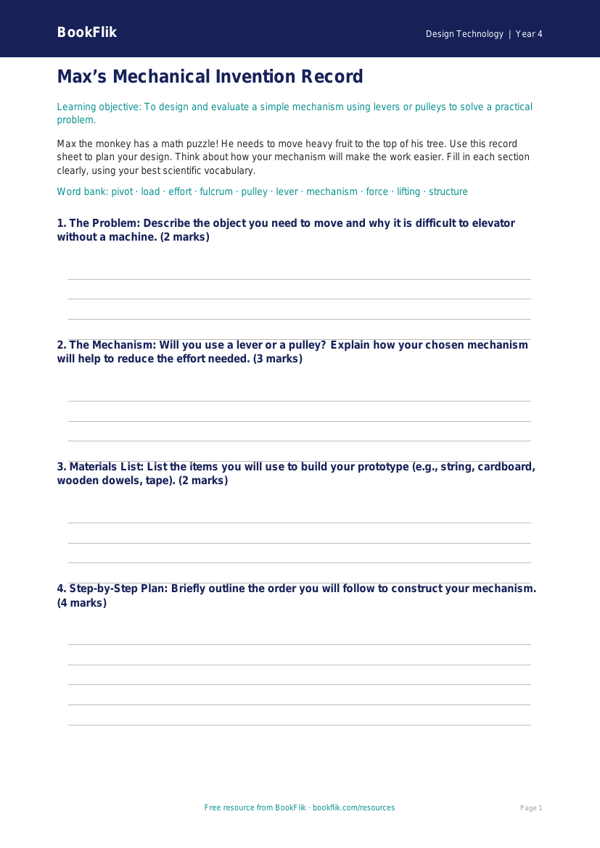 Free Levers And Pulleys Template | Grade 3 | Design Technology | BookFlik worksheet preview — Design-Technology Levers And Pulleys