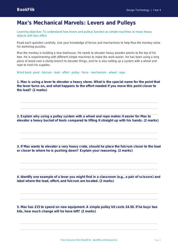 Design Technology levers and pulleys worksheet grade 3 core worksheet preview — Design-Technology Levers And Pulleys