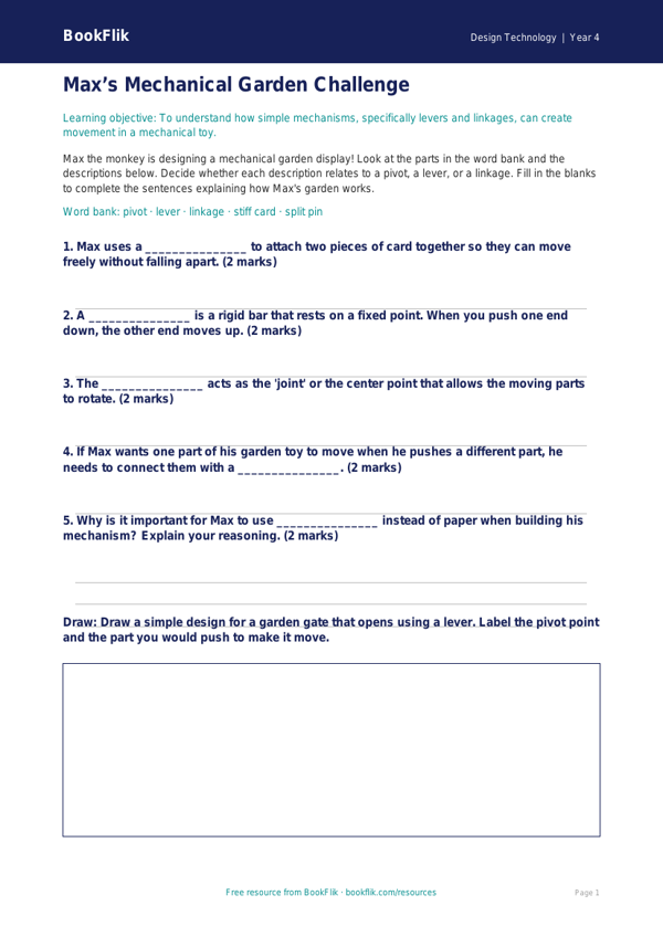 Free Mechanisms Activity Sheet for Grade 3 Design Technology | BookFlik worksheet preview — Design-Technology Mechanisms