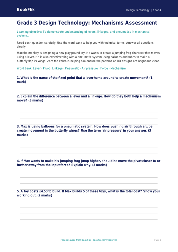 Free Grade 3 Mechanisms Assessment | Design Technology | BookFlik worksheet preview — Design-Technology Mechanisms