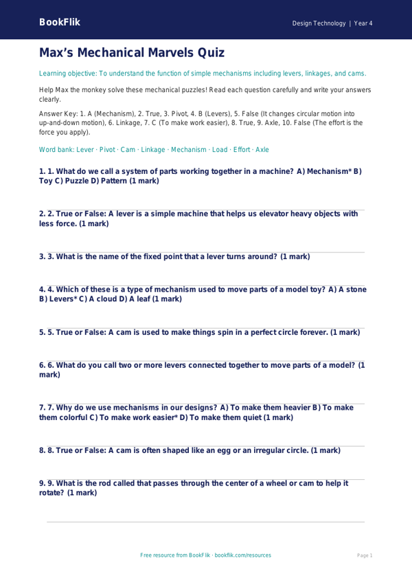 Free Mechanisms Quiz | Grade 3 | Design Technology | BookFlik worksheet preview — Design-Technology Mechanisms
