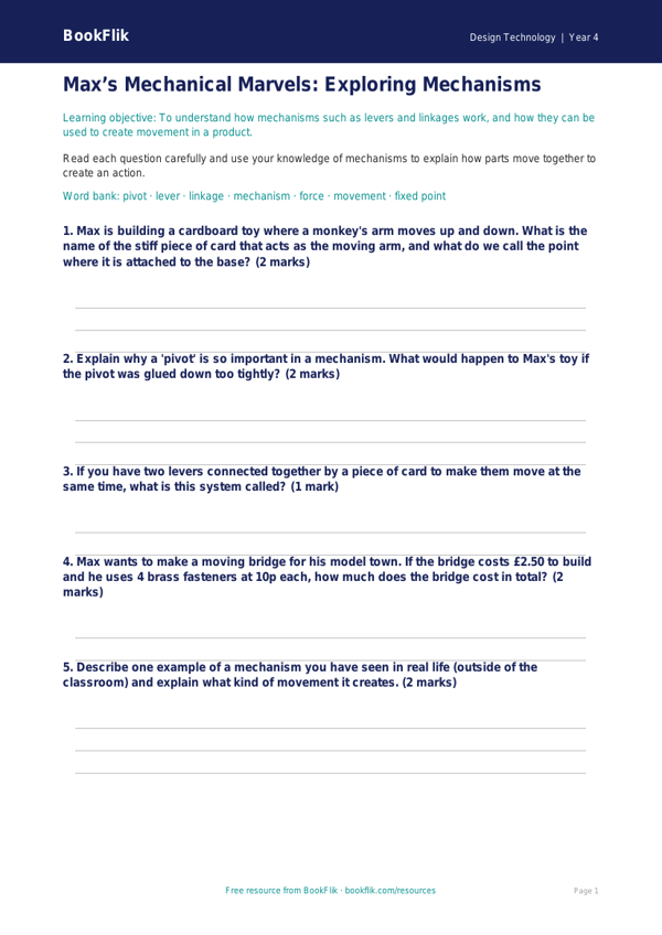 Free Mechanisms Worksheet | Grade 3 | Design Technology | BookFlik worksheet preview — Design-Technology Mechanisms