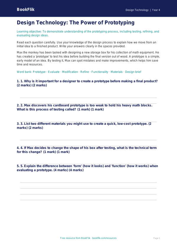 Design Technology prototyping assessment grade 3 core worksheet preview — Design-Technology Prototyping