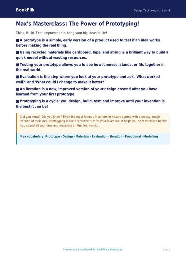 Free Prototyping Poster | Grade 3 | Design Technology | BookFlik worksheet preview — Design-Technology Prototyping