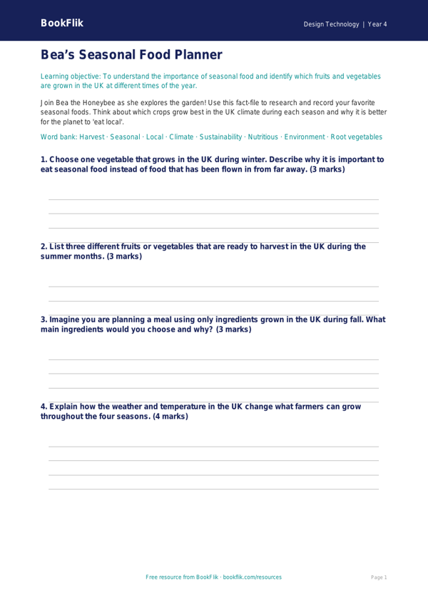 Design Technology seasonal food template grade 3 core worksheet preview — Design-Technology Seasonal Food