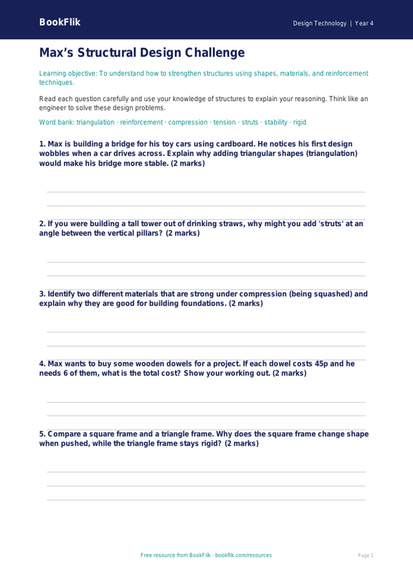 Free Structures Worksheet | Grade 3 | Design Technology | BookFlik worksheet preview — Design-Technology Structures