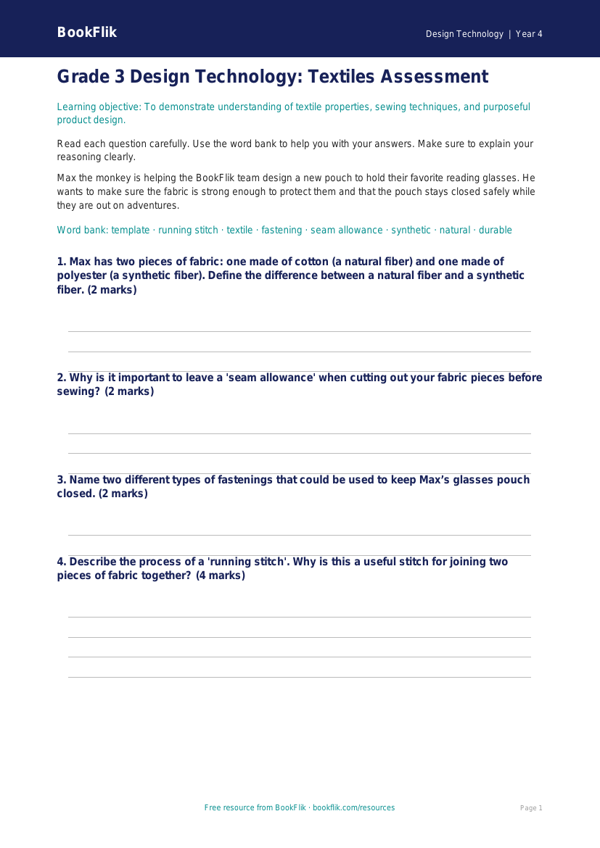 Free Textiles Assessment for Grade 3 | Design Technology | BookFlik worksheet preview — Design-Technology Textiles