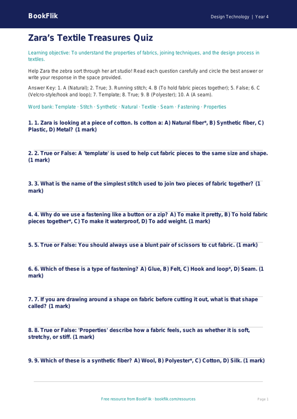 Free Textiles Quiz for Grade 3 Students | Design Technology | BookFlik worksheet preview — Design-Technology Textiles