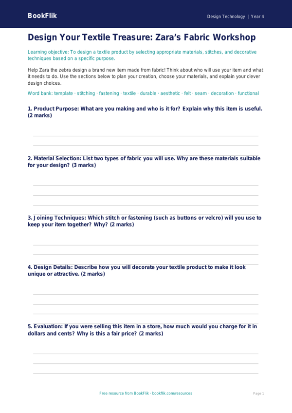 Free Textiles Template | Grade 3 | Design Technology | BookFlik worksheet preview — Design-Technology Textiles